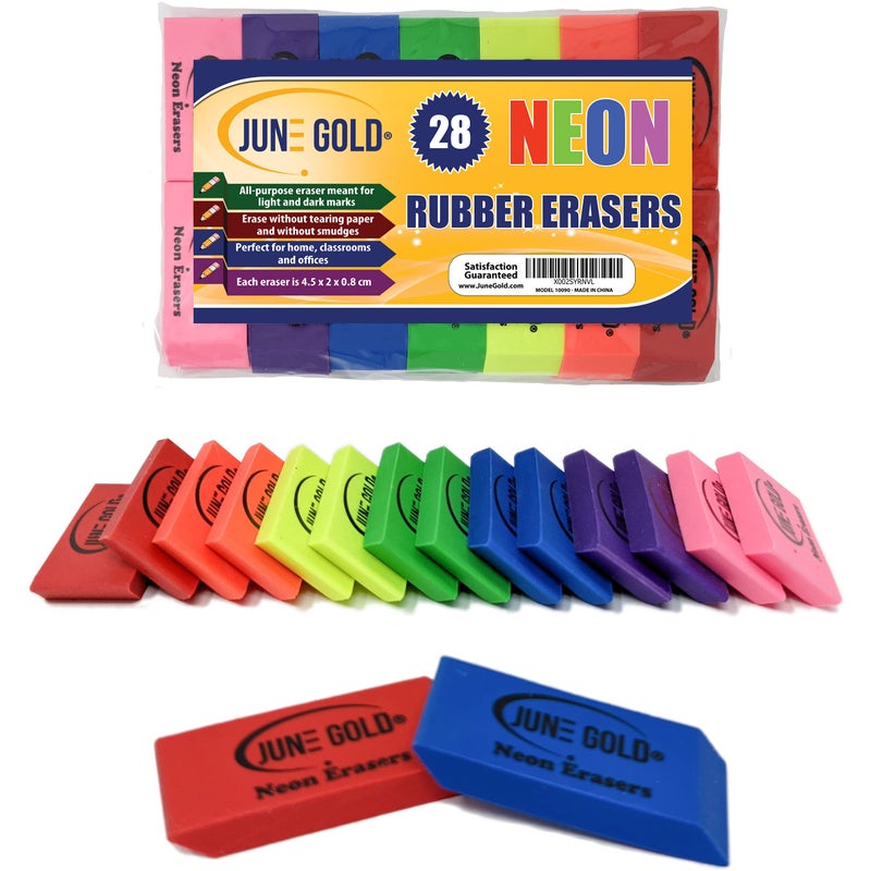 June Gold 28 Neon Colored Rubber Erasers - These All-Purpose erasers are Perfect for classrooms, Homes & Offices - Image 1